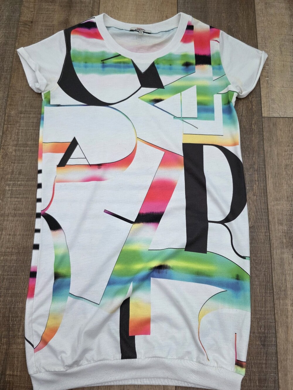 Junior Gaultier White Tee Dress with Rainbow Graphic - Size Girls 12